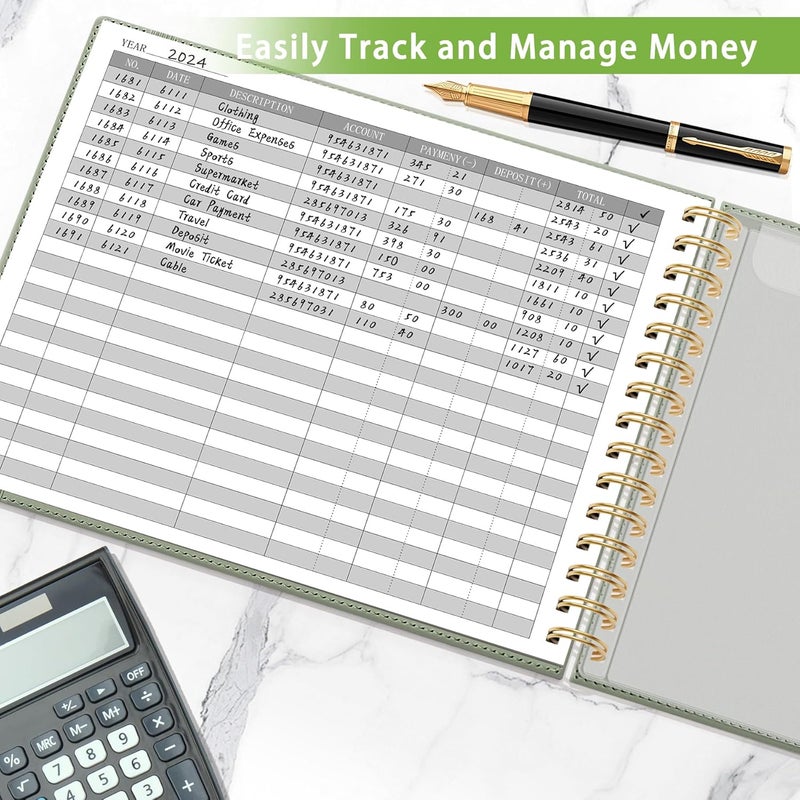 Hautoco Hardcover Accounting Ledger Book for Small Business Bookkeeping Horizontal Money Expense Tracker Notebook with 2 Storage Pouch, Personal Columnar Log Journal 10.78 x 8'', Olive Green - Image 2